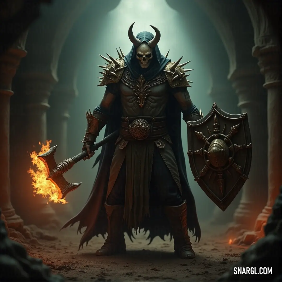 The Bone Enchanter wields fire and fury, his glowing swords casting eerie light in the darkness of a cavern. A dark and foreboding figure in a black robe, holding a sword of flame in one hand, and a blazing fire sword in the other, stands in the heart of a shadowy cave, the light flickering from the blades illuminating his stern face.