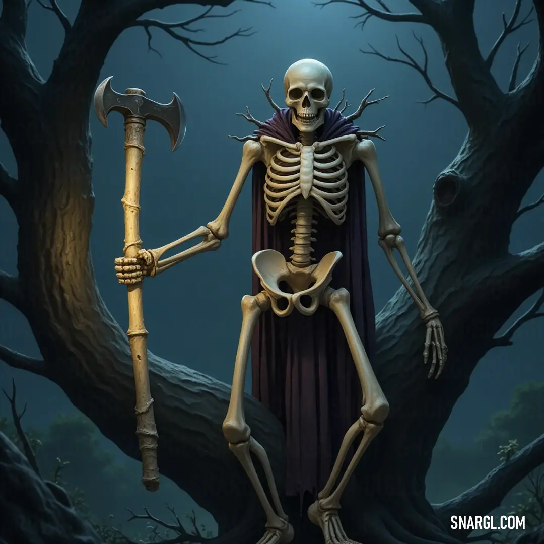 Under the haunting gaze of a full moon, the Bone Executioner stands with a skull and staff intertwined among tree branches, the eerie ambiance hinting at the unknown lurking in the shadows.