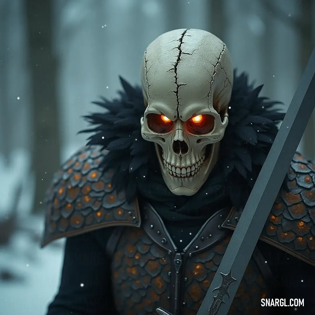Eerie executioner with a glowing skull and sword, casting shadows in a dark realm. An ominous bone executioner, draped in dark clothing and sporting a glowing skull head, wields a sword that glimmers with an otherworldly essence, casting an eerie glow in a shadowy realm.