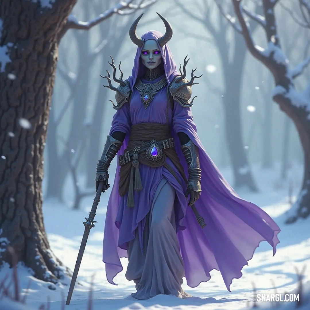The formidable Bone Knight, clad in a regal purple dress, stands ready with her sword in a snowy forest, where the elegance of her appearance contrasts starkly with the chilling surroundings. A Bone Knight, dressed in an elegant purple gown, brandishes a sword with a fierce determination. The ethereal beauty of the snowy forest enhances her regal presence, where the hauntingly beautiful contamination of death and elegance evokes both awe and r