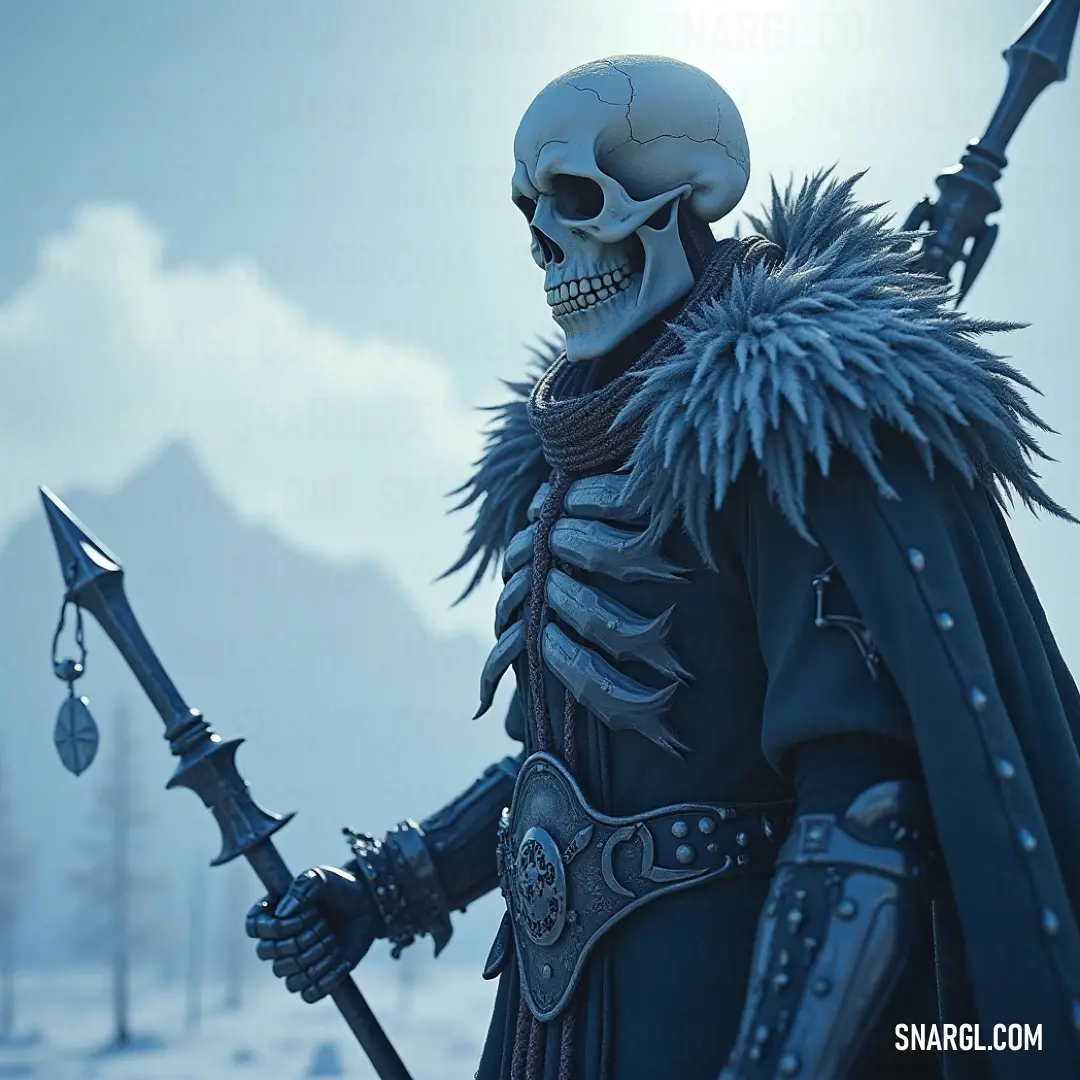 A powerful bone mage, armed with a sword and a skull, commands attention against the backdrop of rugged mountains, embodying a mystical and commanding aura. A bone mage stands tall, draped in ancient attire, wielding a sword in one hand and a skull in the other. His powerful presence is framed by a towering mountain range, adding a sense of mystery and strength to the scene.