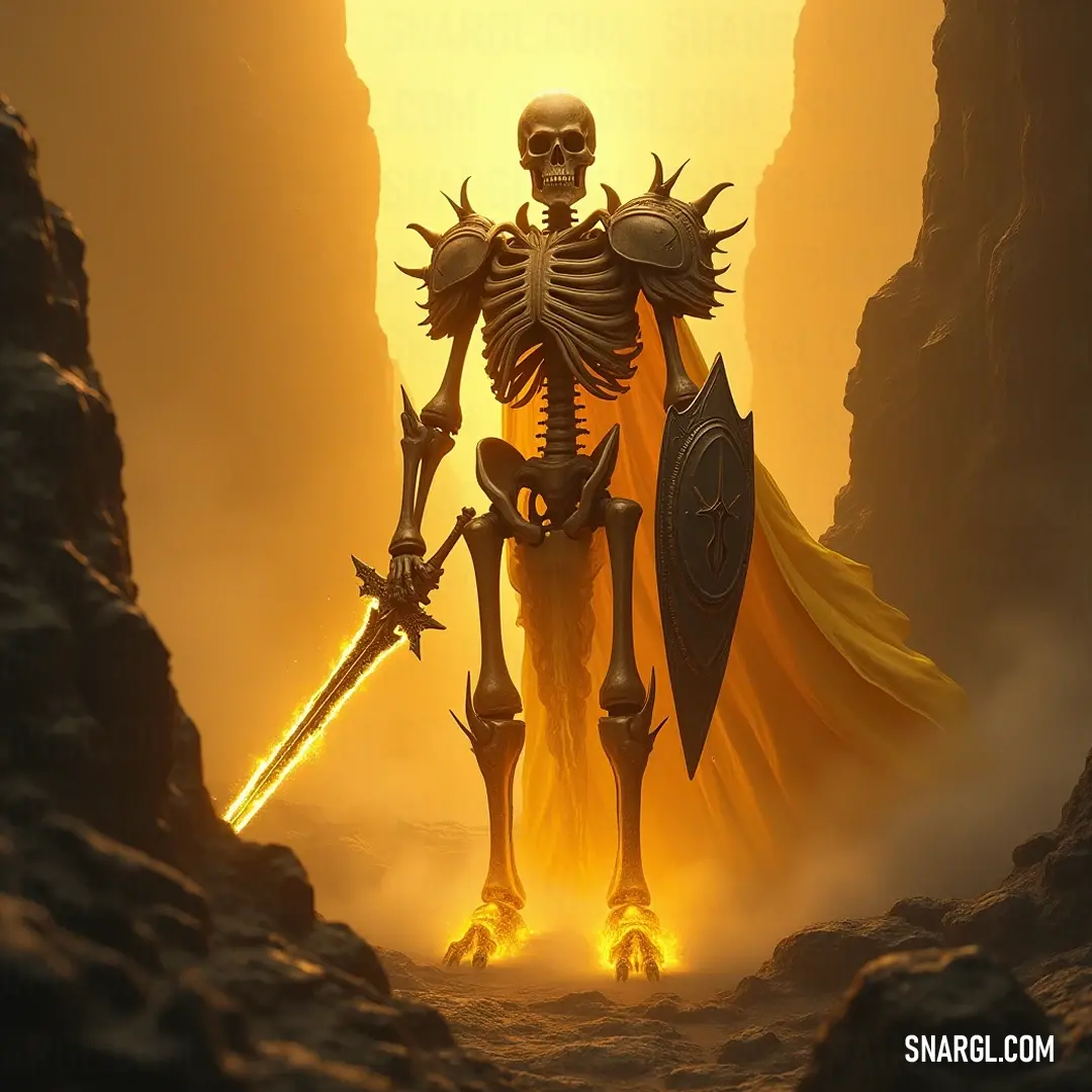 A fearsome Bone Ravager brandishes a sword and shield within a dimly lit cave, where shafts of sunlight pierce the darkness, illuminating the warrior's stature and the ancient mystique that surrounds its valiant stance. With sword drawn and shield upheld, the Bone Ravager stands resolute in a cave, where sunlight filters through ancient crevices, creating a dramatic interplay of light and shadows, hinting at an epic tale of bravery.