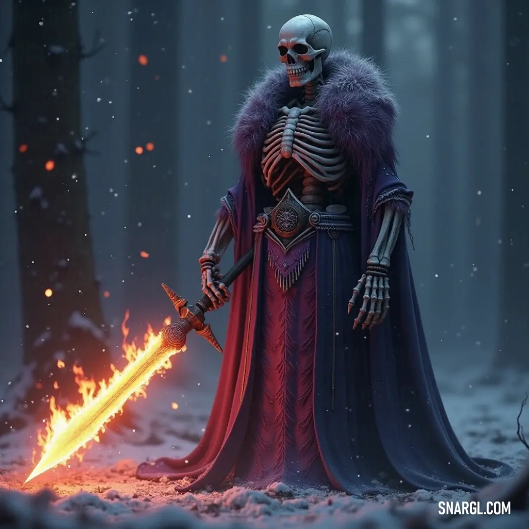In the frozen forest, the Bone Sentinel Lord raises its sword, the fire from its mouth blazing against the stark white of the snow, adding a fiery contrast to the cold. A Bone Sentinel Lord, clad in ancient armor, stands amidst a snowy forest, holding a sword as fire erupts from its mouth, illuminating the surrounding snow with a fiery glow.