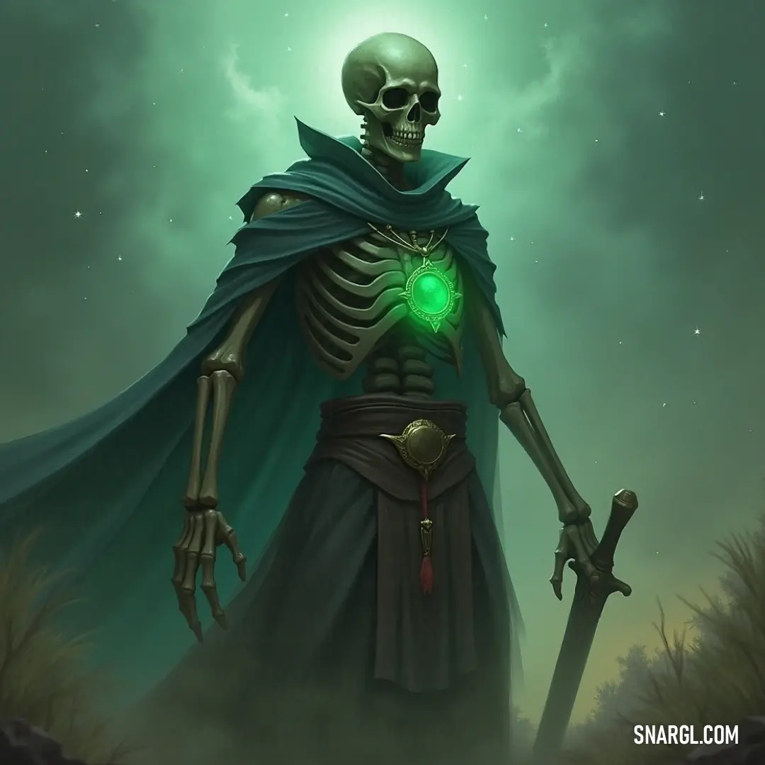 The Bone Sentinel Lord, wielding a sword and adorned with a glowing green eye, stands in a vast field, his cape billowing in the breeze. A powerful Bone Sentinel Lord stands in a grassy field, his green, glowing eye shining brightly as he holds a massive sword, ready for battle, with a flowing green cape billowing in the wind.