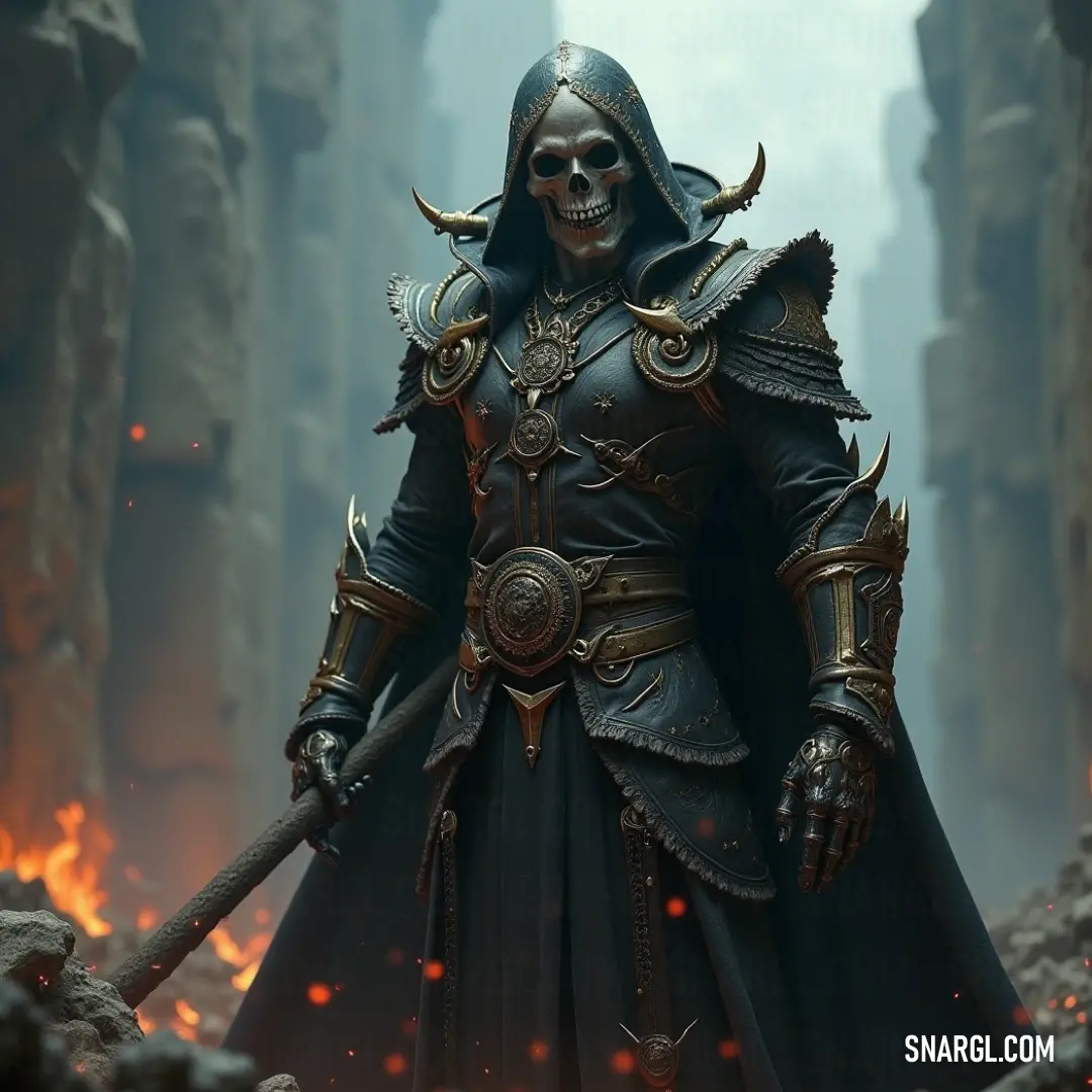 The Bone Sorcerer in black attire, holding a sword and crowned with a skull, casts an eerie presence in a dark, narrow alley, surrounded by the shadows of his ominous power. A mysterious Bone Sorcerer stands in a dimly lit alley, cloaked in black. With a menacing skull perched upon his head, he grips a gleaming sword, exuding an aura of dark power that contrasts with the shadowy environment around him.