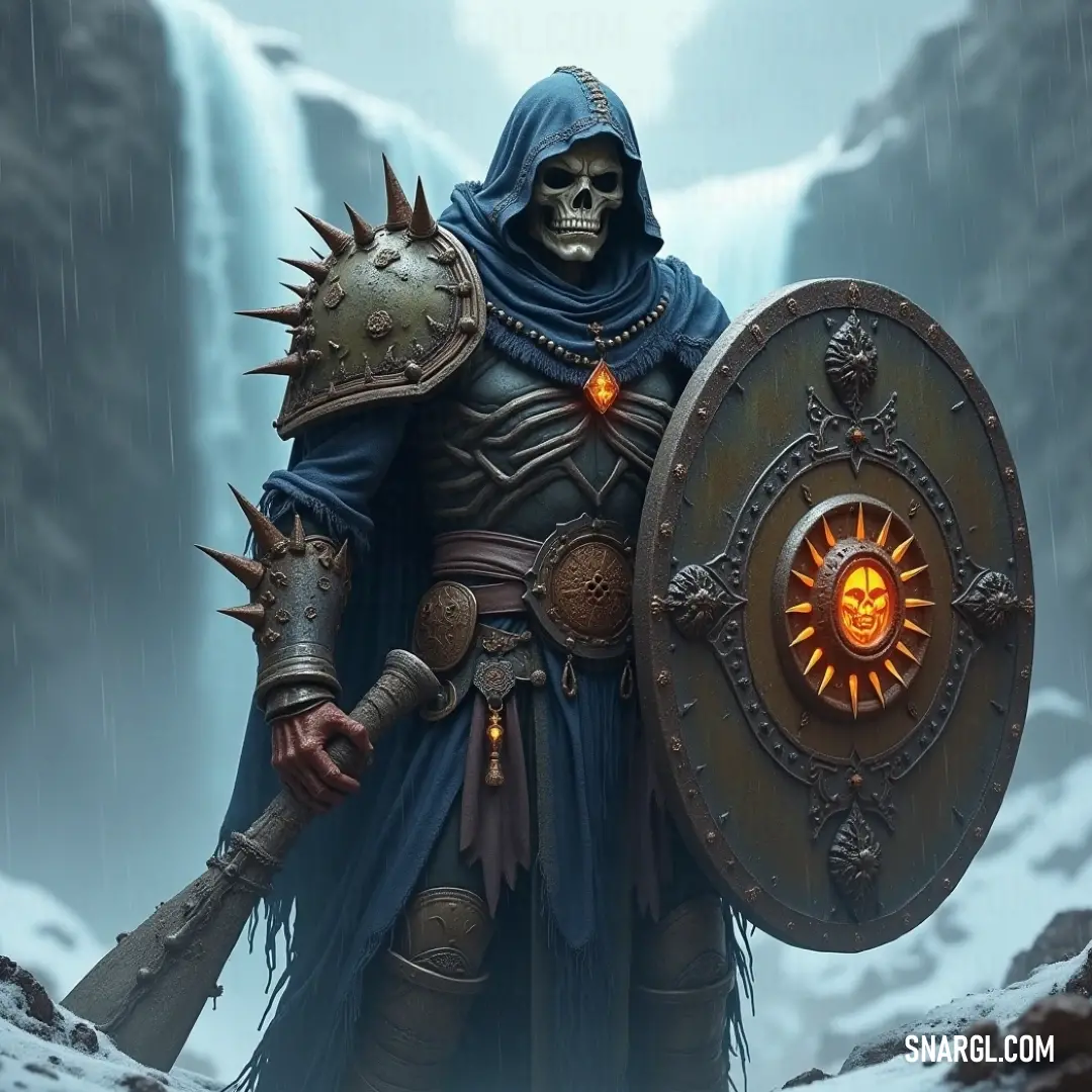 Bone Sorcerer equipped with a sword and shield faces a glowing orange eye in front of a majestic waterfall, standing strong against the forces of nature with unwavering resolve. The Bone Sorcerer, decked out in a formidable costume, stands firm in front of a cascading waterfall. His sword raised high, and a shield in his other hand, his glowing orange eye radiates power, while the waterfall roars behind him in wild harmony.