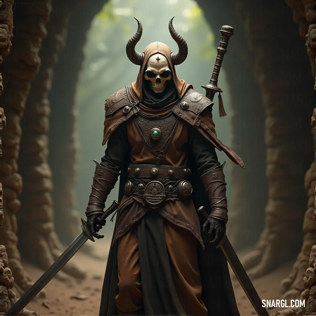 A Bone Sorcerer with horns protruding from his helmet wields two swords in a dark, enchanted forest. A skull rests on his head, marking his command over the dead, as he prepares for battle in this eerie, mystical place.
