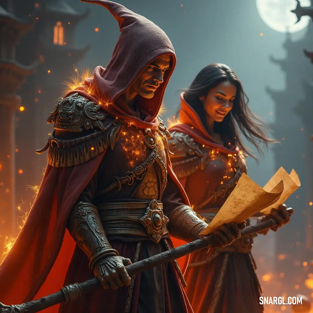 A striking portrayal of two medieval heroines wielding a sword and a scroll, embodying strength and wisdom in a fantastical setting. A duo of courageous women clad in ornate medieval garb, confidently brandishing a gleaming sword while a rolled parchment dangles elegantly in their other hands, symbolizing both power and knowledge.