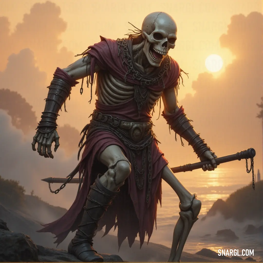 The Bone Tyrant, a commanding figure on the beach, walks into the fading light of a sunsetting horizon. The Bone Tyrant strides across a golden beach, dressed in regal armor, sword in hand. The sun sets behind him, painting the sky with vibrant hues, and the waves crash softly against the shore.