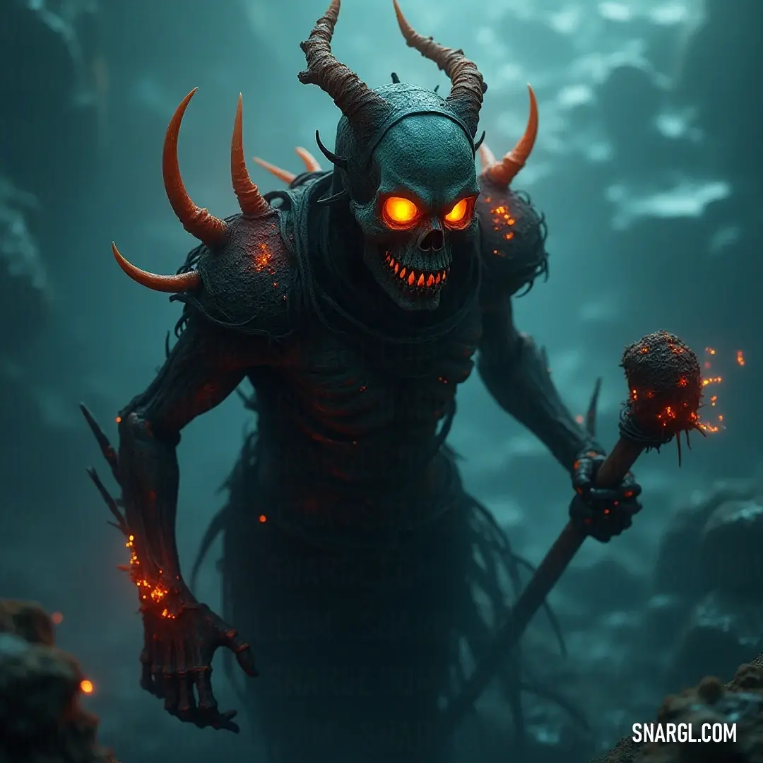 Demonic Bone Wight with glowing eyes and horns in a dark forest. A terrifying Demonic Bone Wight with fiery glowing eyes and twisted horns clutches a gnarled staff, standing ominously among ancient trees shrouded in darkness and shadows.