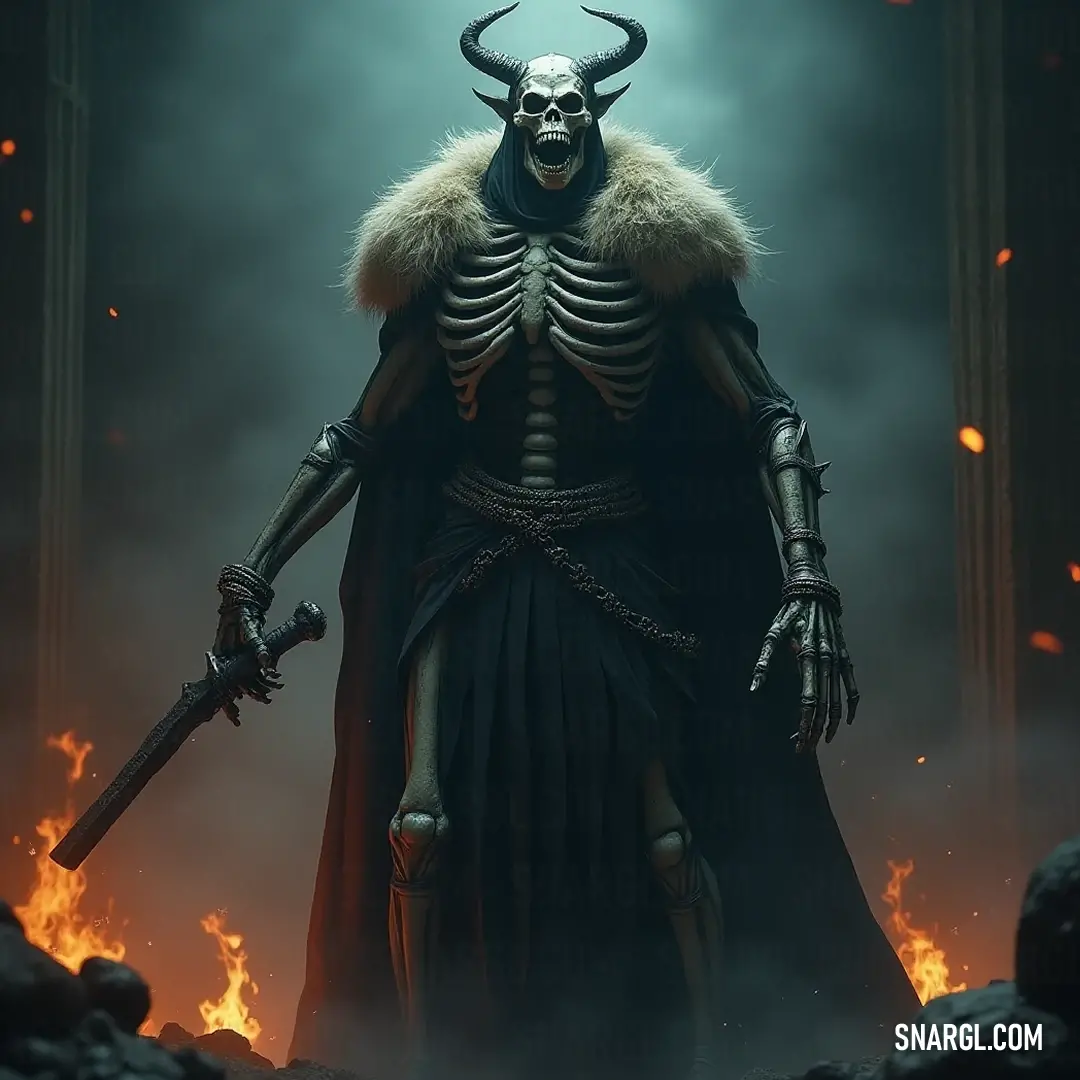 Dressed in a striking black outfit, a Bone Wight holds a gleaming sword, his horned head reminiscent of ancient legends. A backdrop of twilight enhances his fierce demeanor, suggesting readiness for battle in a world of shadows.