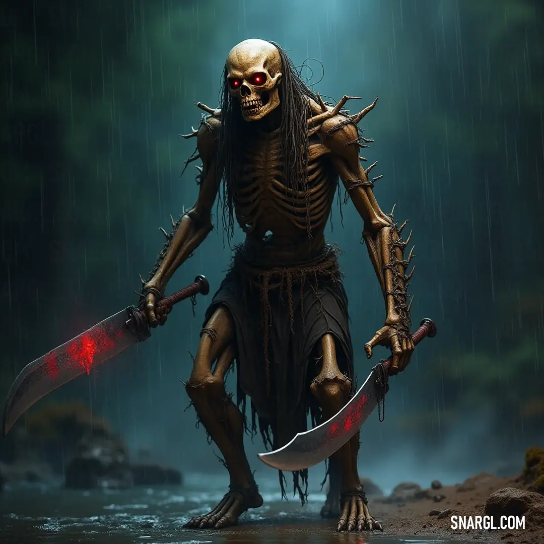 In a torrential downpour, a grim Bone Wight brandishes a knife with bloodied hands, a raw expression of primal fear and surging emotion painted across his haunting visage. Rain cascades around him, amplifying the tension in this foreboding scene.