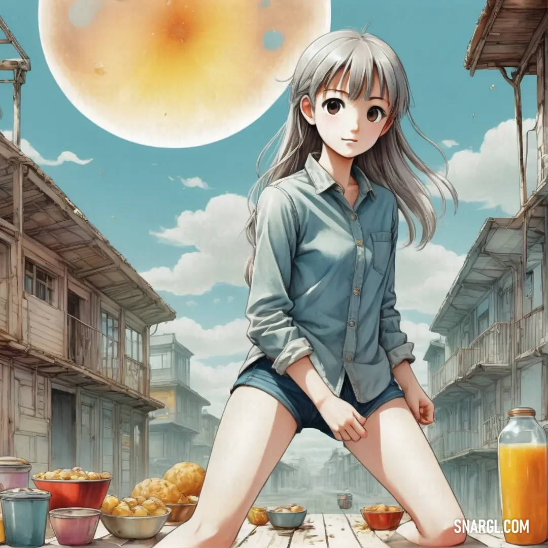 Girl on a table with a bowl of fruit and a glass of orange juice in front of her. Color #E3DAC9.