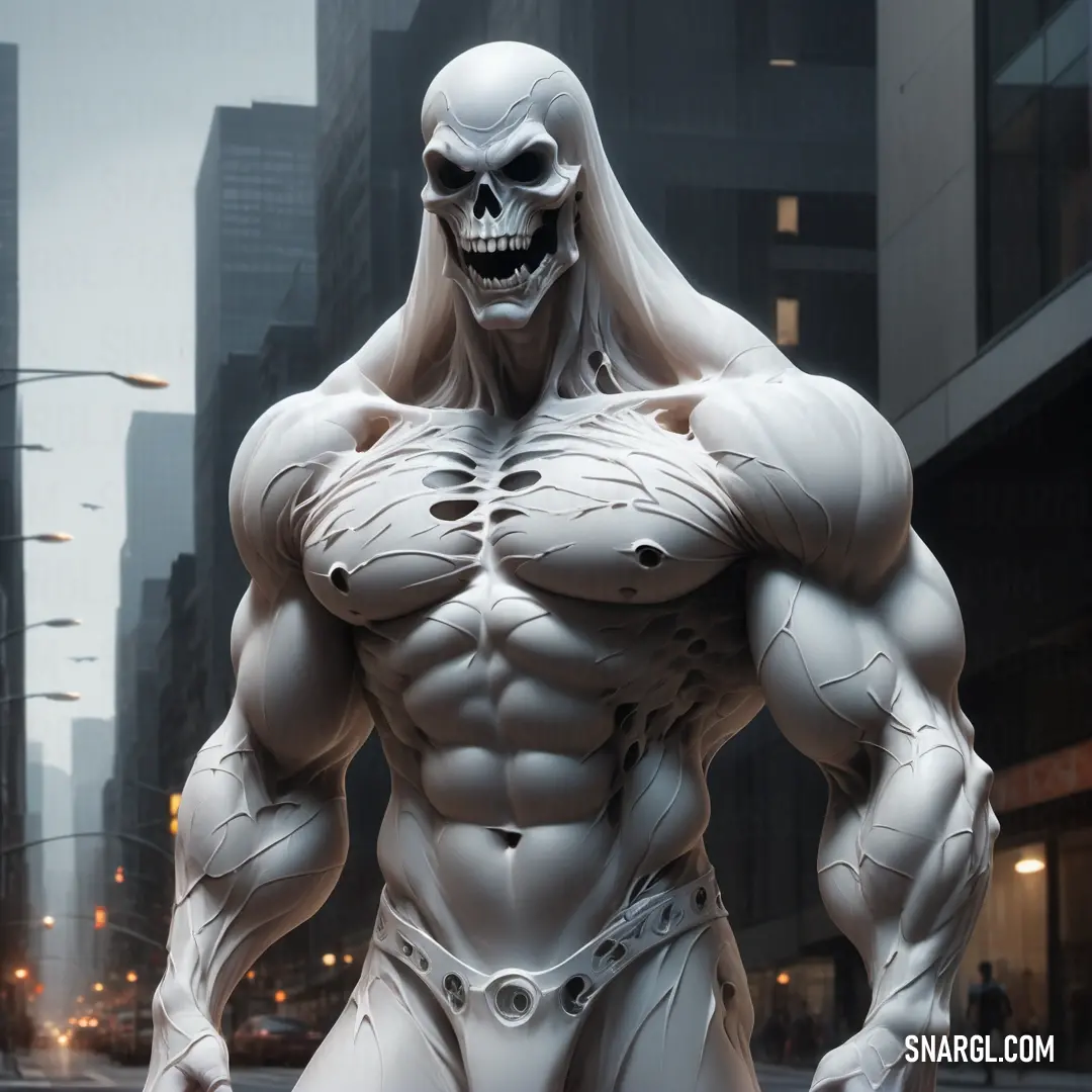 Man with a skeleton face and a white body is standing in the middle of a city street with a large white skull on his chest