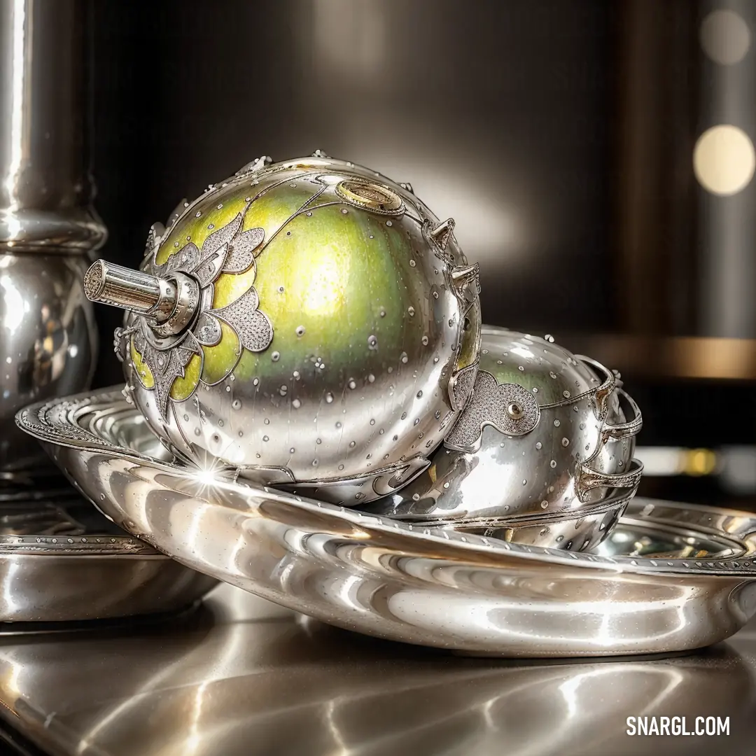 Bone color example: Silver plate with a green apple on it and a silver spoon on the side of it