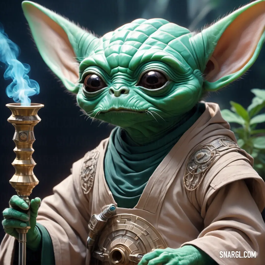 Star wars yoda holding a torch and a small pot of smoke in its hand. Example of Bone color.