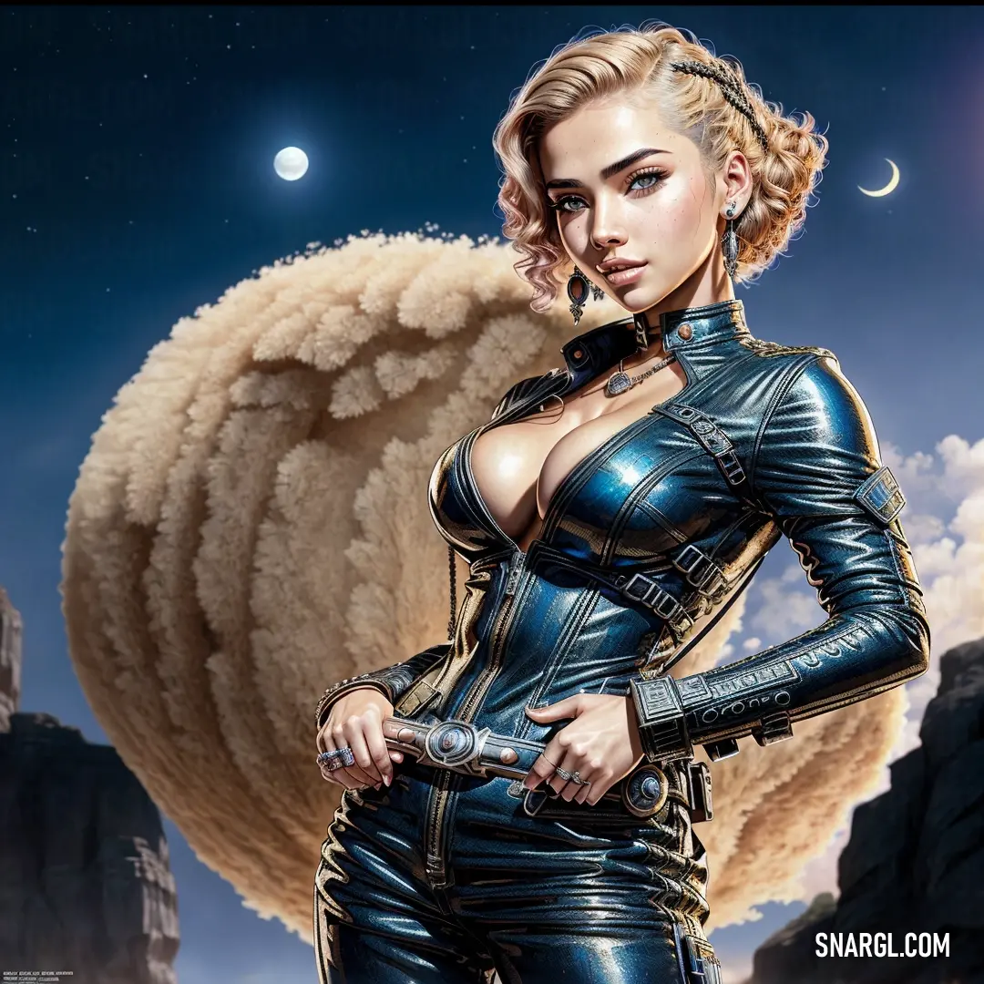 Woman in a leather outfit standing in front of a desert landscape with a moon in the background and a distant sky