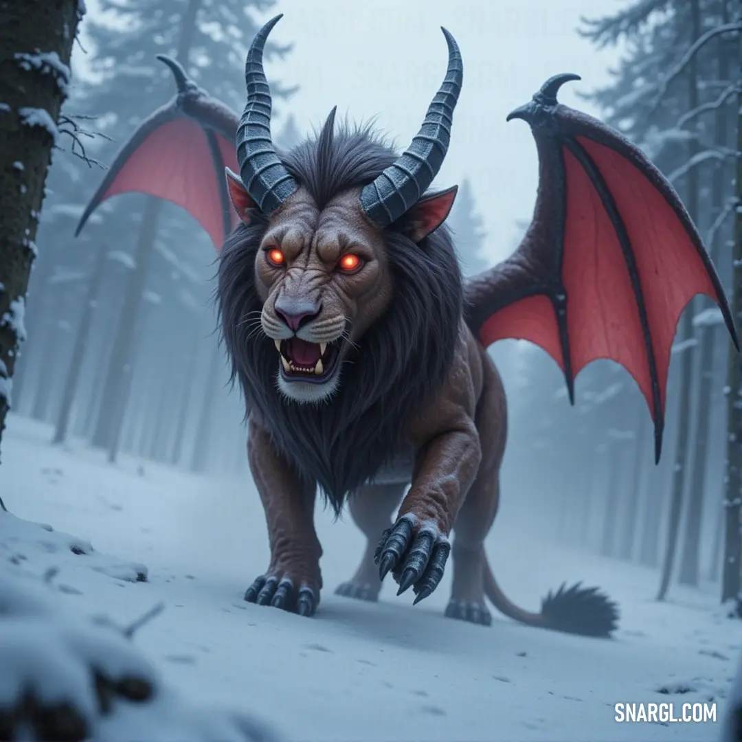 A fearsome Boneclaw Manticore, its red eyes glowing with intensity and massive horns curving from its head, sprints through a snowy forest, with ancient trees and dense bushes surrounding it. The creature's fur is matted with snow as it races through the 