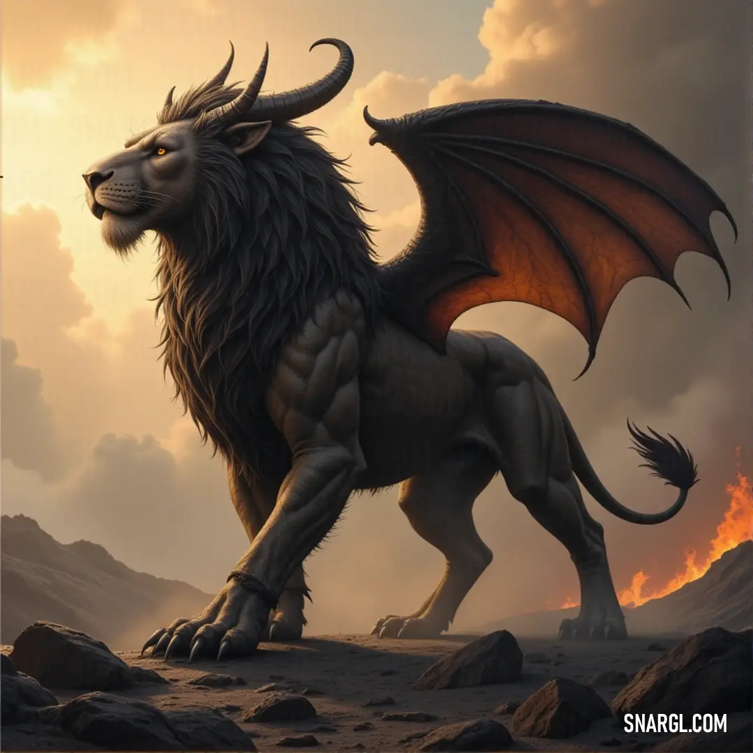 Boneclaw Manticore poised on rocky terrain with wings spread wide, its fierce horns and massive presence contrasting against a turbulent sky. A mighty Boneclaw Manticore stands tall on a jagged rocky surface, its wings unfurled and horns sharp, with a dramatic sky swirling in the background. The dark clouds and the creature’s imposing form create a striking silhouette against the open sk