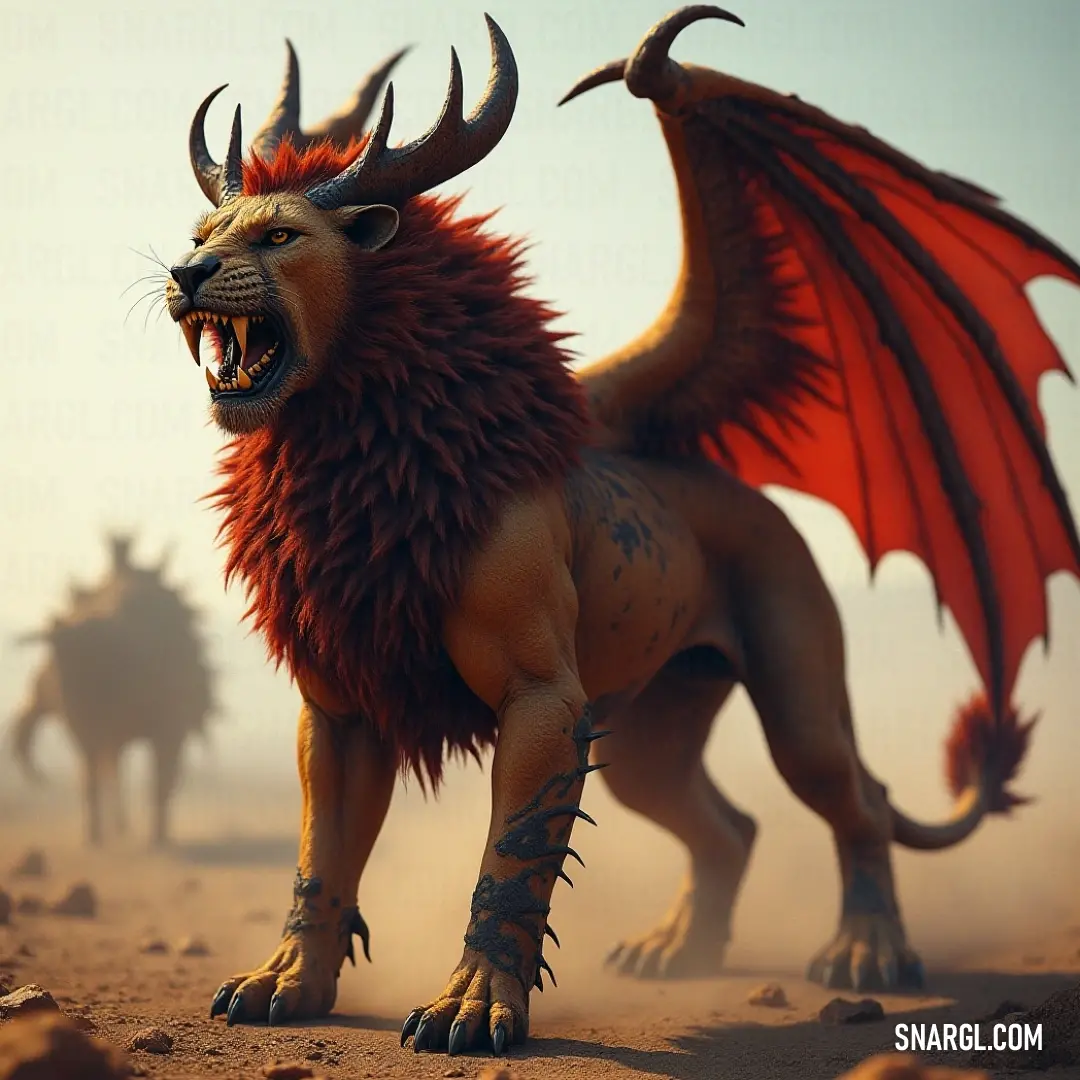A vigilant Red Boneclaw Manticore in the desert, surrounded by other wildlife, epitomizing strength and resilience against a backdrop of stunning natural contrasts. A Red Boneclaw Manticore with magnificent horns stands attentively in a sun-drenched desert, surrounded by a variety of wildlife, showcasing its adaptability in the barren landscape and commanding the attention of any passerby.