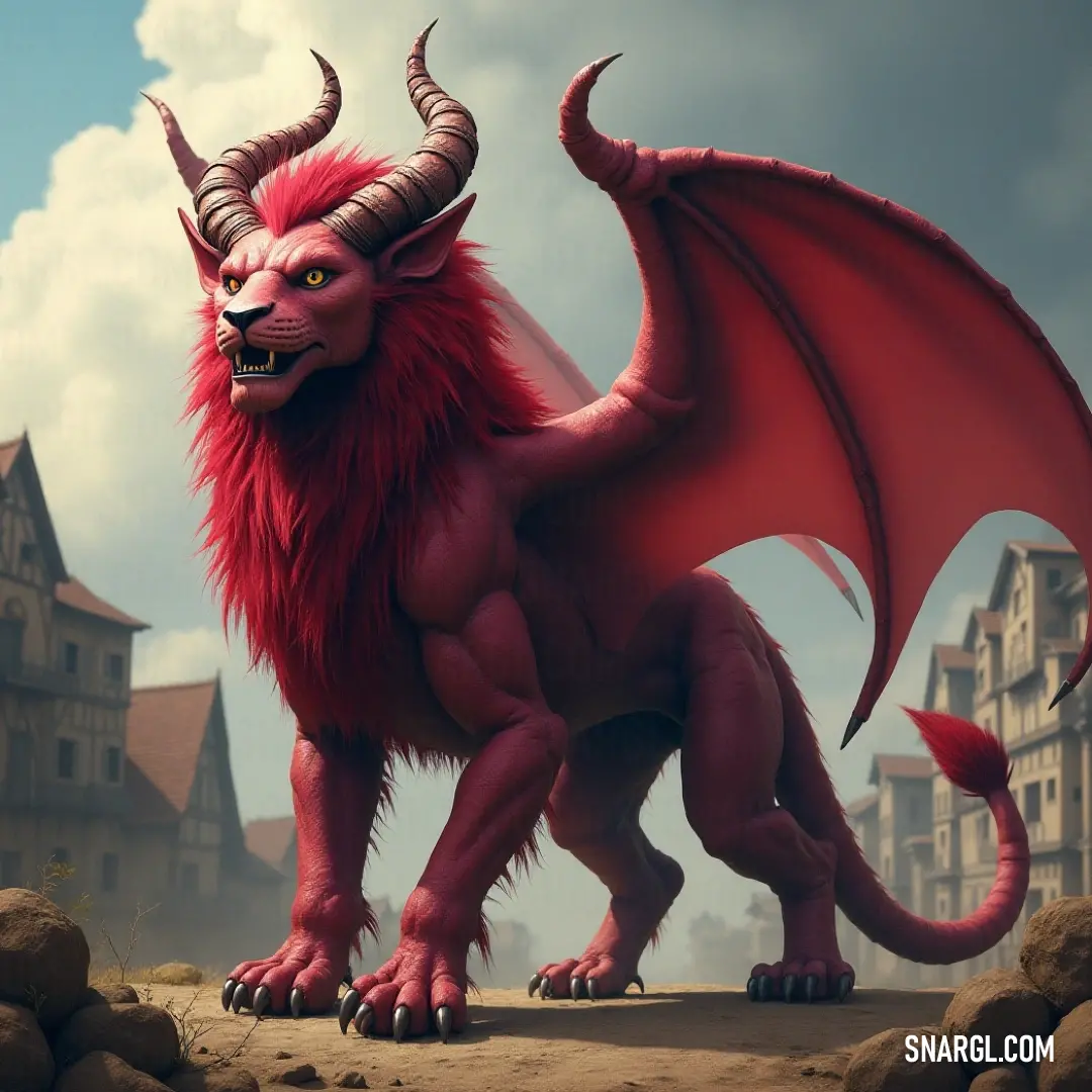 A regal Red Boneclaw Manticore striking a powerful pose in front of a grand castle, merging the essence of fantasy with the ferocity of nature's finest creatures. In front of a majestic castle against a sky filled with dramatic clouds, the Red Boneclaw Manticore appears regal and daunting, its impressive form casting a shadow on the ancient stone, symbolizing the fusion of nature and history.