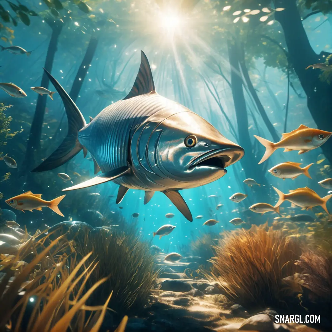 Fish swimming in a body of water surrounded by fish and plants and trees with sunlight shining through the water