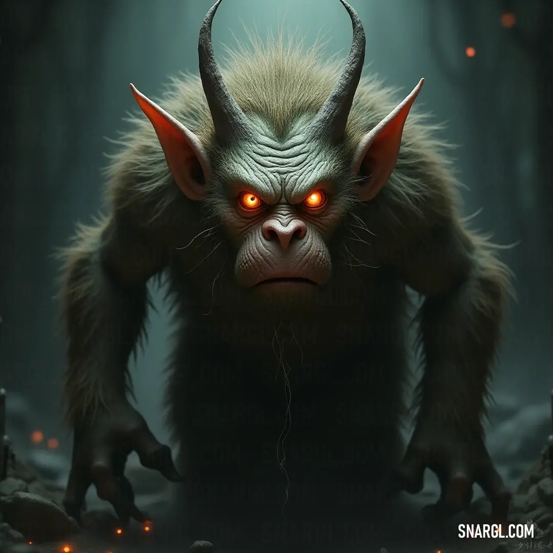 Mesmerizing Boogar in a shadowy forest, adorned with glowing eyes and horns, enhanced by the presence of enchanting lights illuminating its features. A captivating Boogar with glowing eyes and impressive horns, surrounded by a dark forest where ethereal lights dance upon its face and outstretched hands.