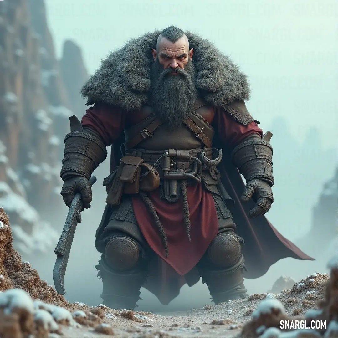 A stout figure named Borin, adorned in a vibrant red outfit and equipped with a gleaming sword, stands proudly against a majestic mountain backdrop, his beard billowing in the wind as the sun sets behind him.