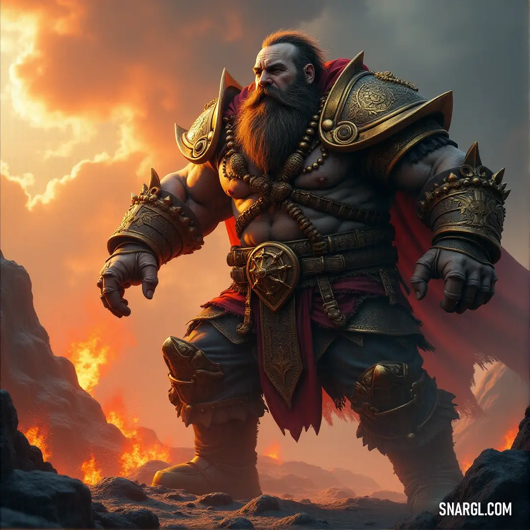 Borin, dressed in a detailed costume, stands resiliently before a dramatic sky painted with fiery orange and deep purple hues, evoking a sense of mystery and wonder in this enchanting moment.