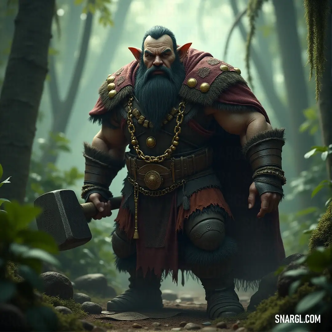 In a mystical forest, Borin grips a formidable hammer, standing resolute among towering trees and rugged rocks, his presence commanding respect from the surrounding wilderness full of untold stories.