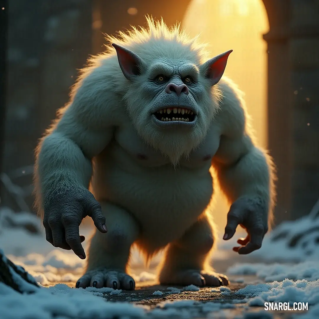 A furry creature with an oversized grin and sharp teeth stands majestically amidst a snowy landscape, where the light shines vividly from behind, creating an enchanting aura around it.