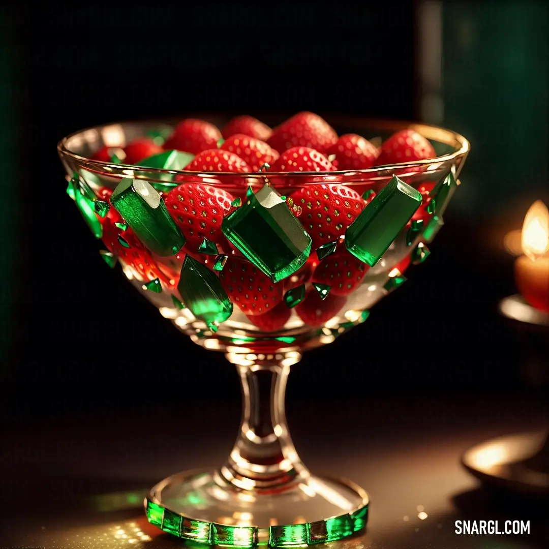 Glass bowl filled with strawberries and green jewels on a table next to a lit candle. Color CMYK 0,100,100,20.