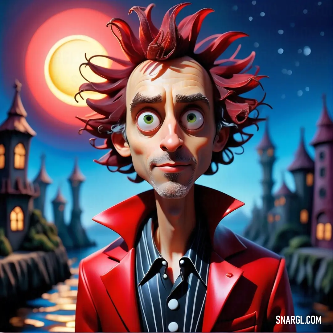 Painting of a man with red hair and a red jacket on, with a full moon in the background. Example of CMYK 0,100,100,20 color.