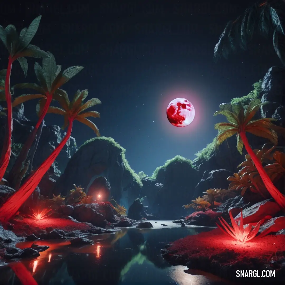 Red moon is shining over a tropical island with palm trees and a lake in the foreground. Example of #CC0000 color.