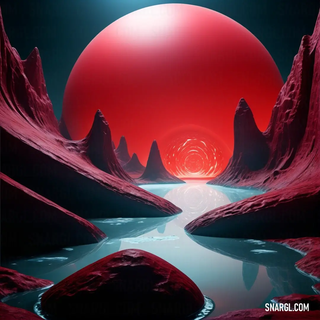 Red planet with a river running through it and a red sun in the background. Example of CMYK 0,100,100,20 color.