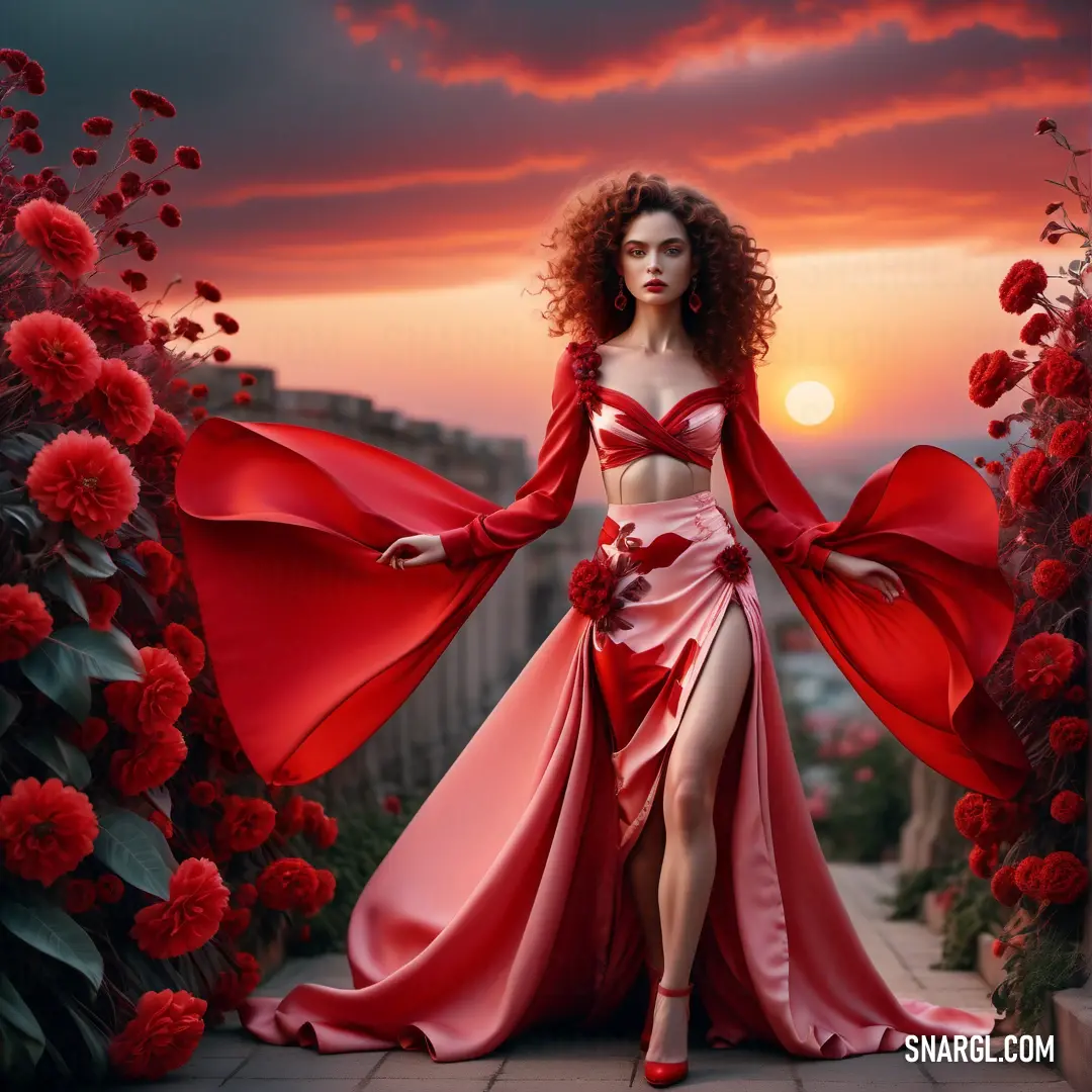 Woman in a red dress standing in a garden with red flowers and a sunset behind her and a red dress with a slit