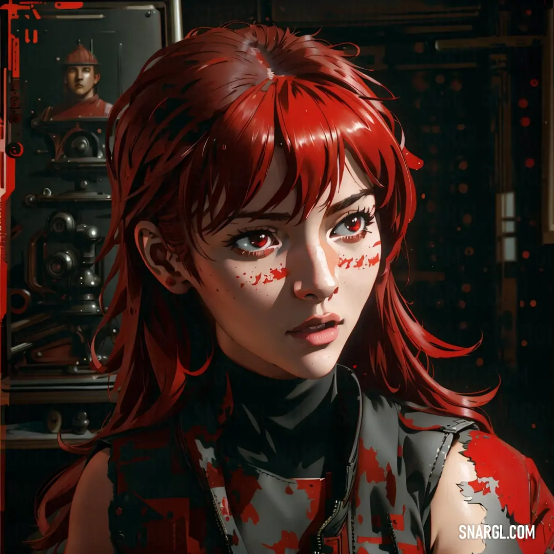 Woman with red hair and blood on her face and chest. Example of RGB 204,0,0 color.
