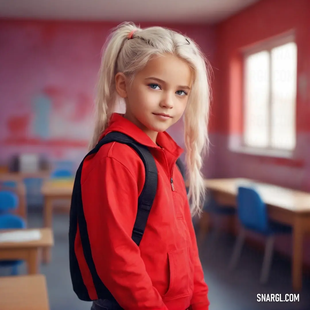 Young girl with blonde hair and a red jacket is standing in a classroom with blue chairs and a table. Example of RGB 204,0,0 color.