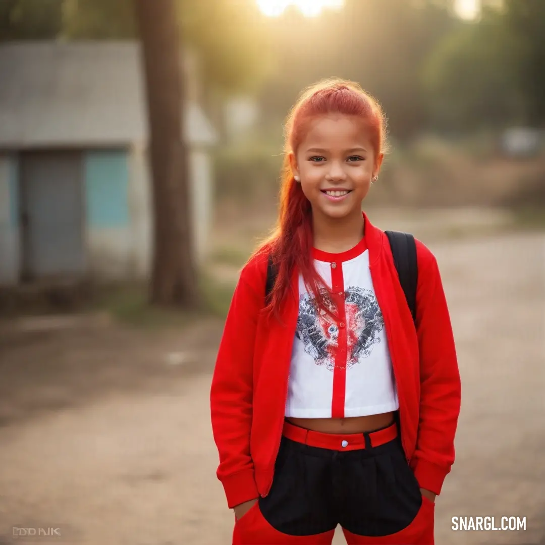 Young girl with red hair and a red cardigan smiles at the camera while standing in a dirt road. Color Boston University Red.