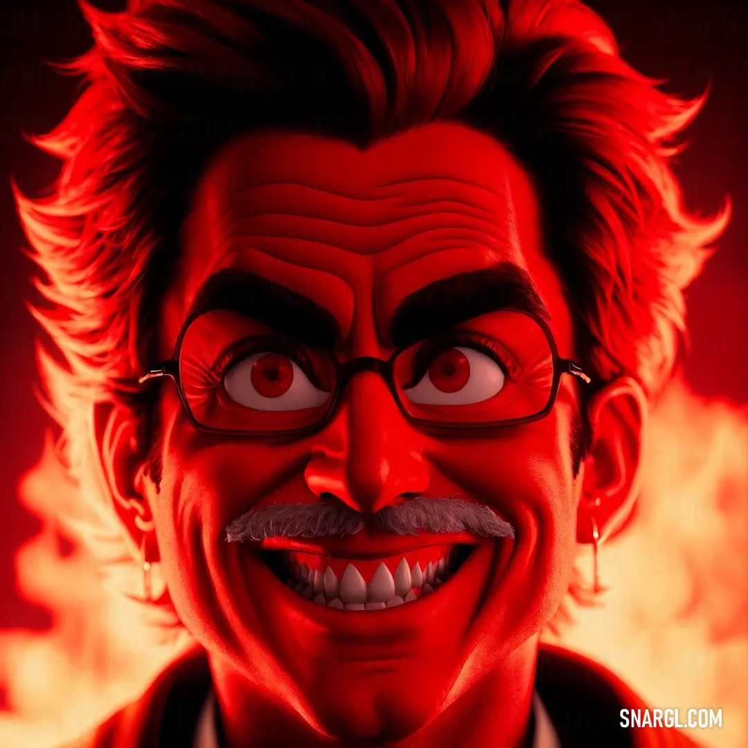Man with glasses and a mustache is smiling at the camera with a red background and a fire behind him
