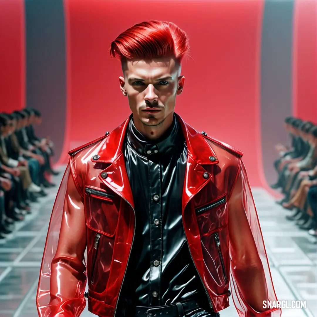 Man with red hair and a red jacket on a runway with people in the background. Example of CMYK 0,100,100,20 color.