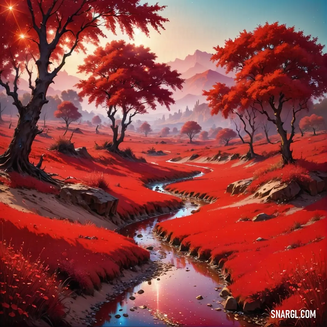 Painting of a red landscape with a stream running through it and trees in the background. Color #CC0000.