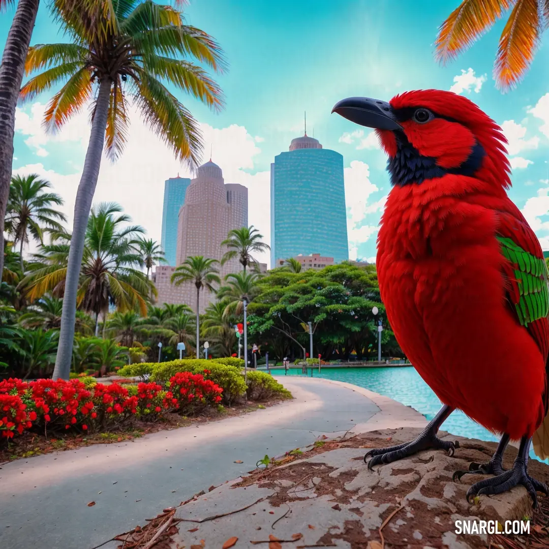 Red bird is standing on a rock near a park with palm trees and flowers in the background and a city skyline
