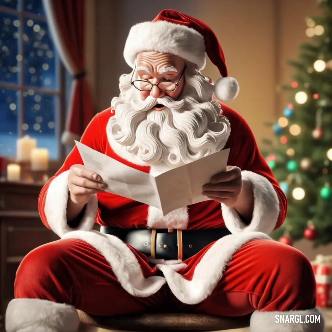 Santa claus reading a book in front of a christmas tree with a lit fireplace in the background. Example of RGB 204,0,0 color.