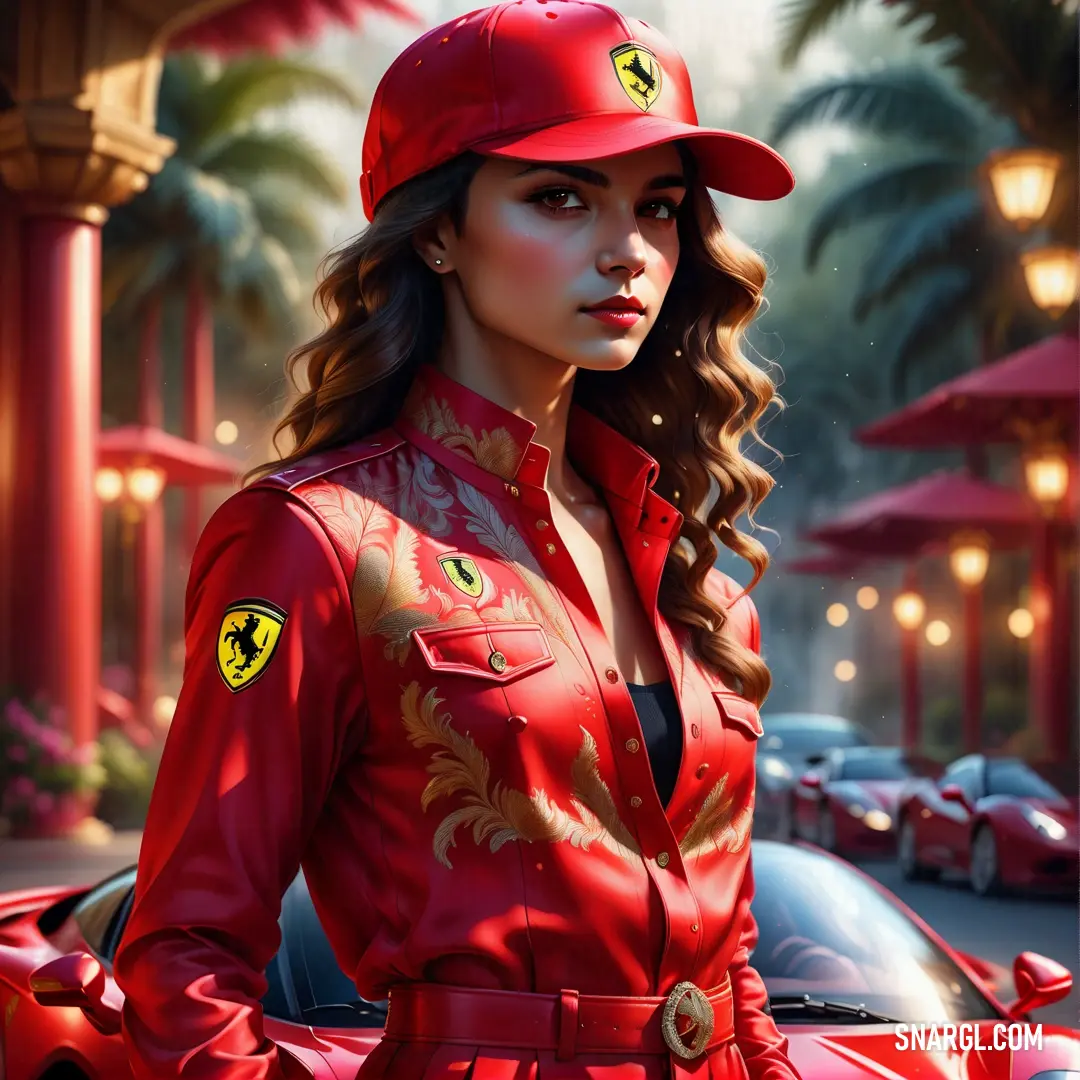 Woman in a red uniform standing next to a red car in a city street at night. Example of RGB 204,0,0 color.