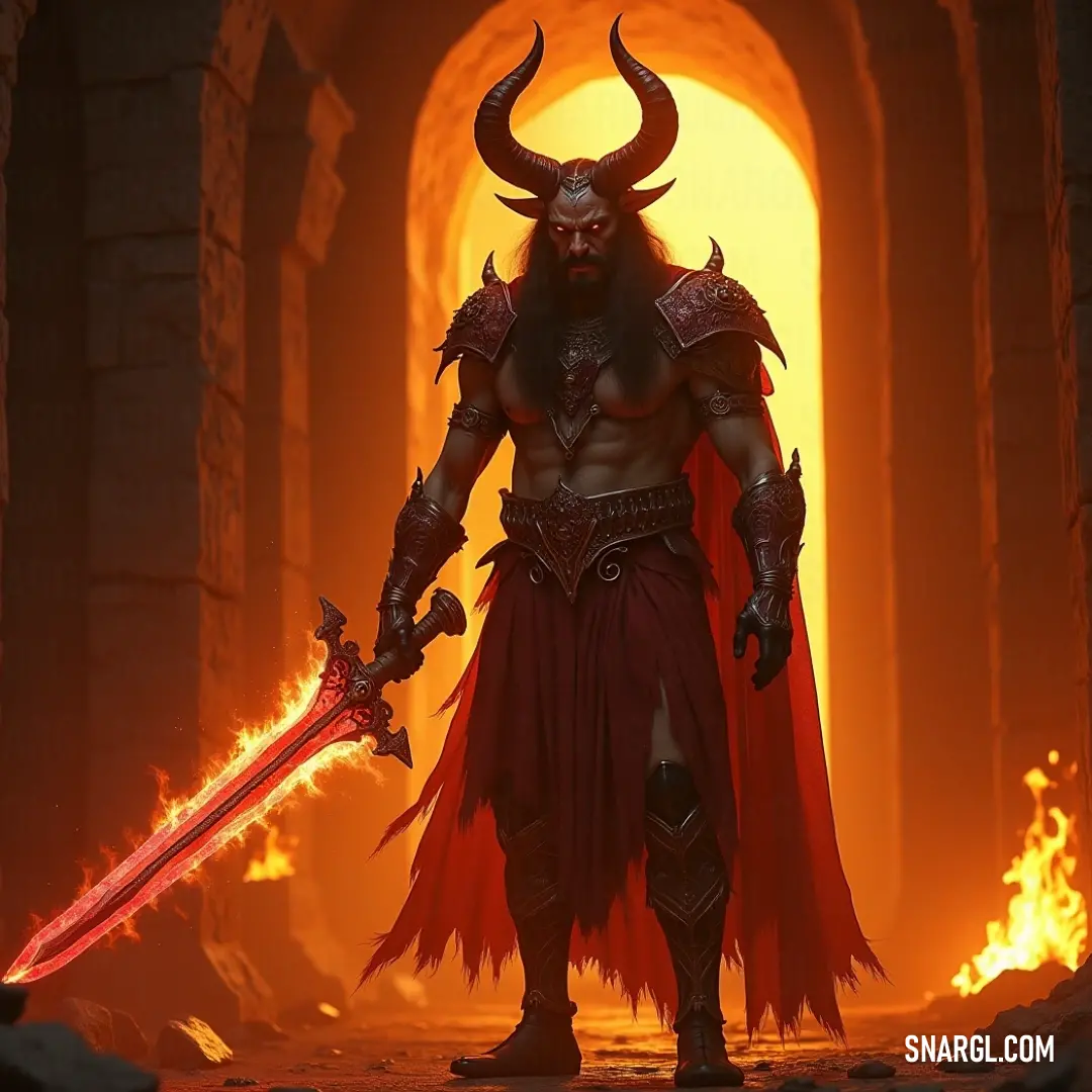 A striking image of a fierce horned warrior brandishing a sword in a dim cave setting, surrounded by ominous flames that illuminate the darkness and hint at untold stories of bravery and courage. In an eerie cave illuminated by flickering flames, a horned figure wields a gleaming sword with an air of confidence, bringing forth a sense of mystery and danger in a dark, dramatic underground realm filled with shadows.