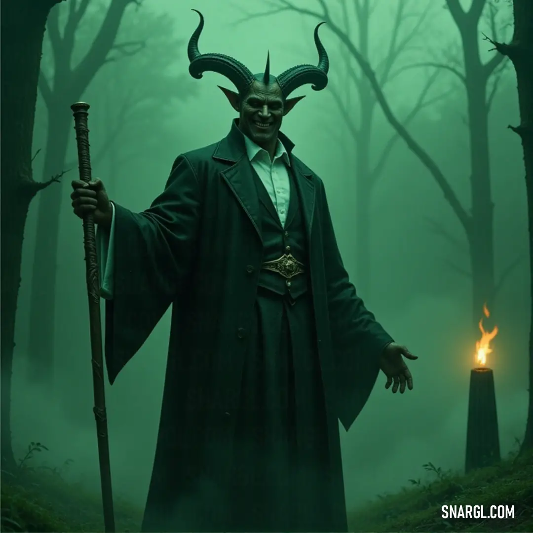 Botis, in a green coat with staff and candle, moves through a foggy forest, the light from the candle revealing only part of the mysterious path. Botis, in a green coat, holds a staff in one hand and a candle in the other as he walks through a mist-filled forest. The soft glow of the candle illuminates his path, while the trees and fog seem to shift around him, alive with secrets.