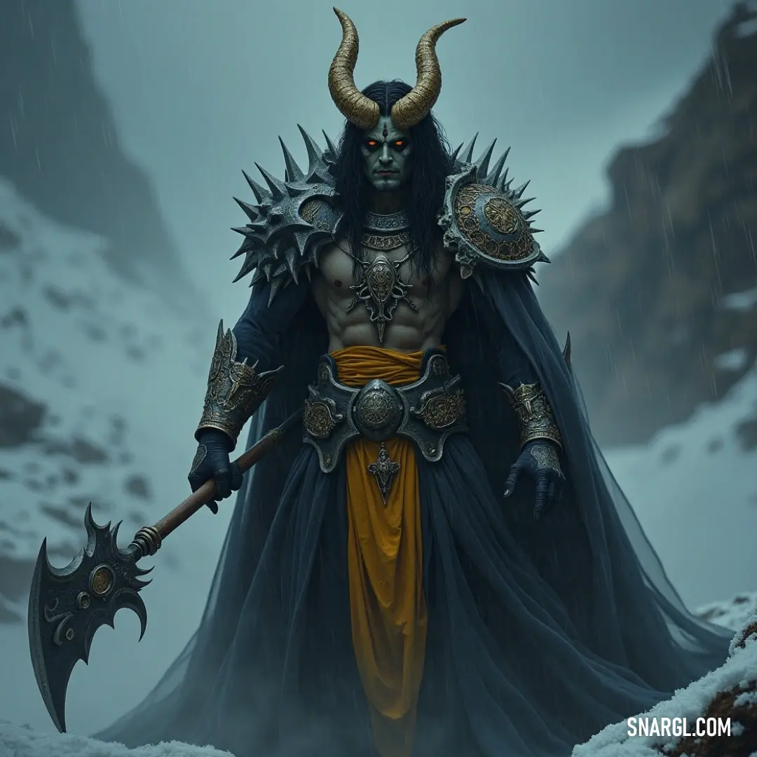 In a breathtaking snowy landscape, a powerful horned warrior brandishes a large axe, with majestic mountains looming in the distance, capturing the essence of strength and resilience against nature's fury. Against a backdrop of snow-capped mountains, a horned figure grips a hefty axe, exuding both strength and determination; the contrast of the serene white landscape amplifies the intensity of their steely gaze and rugged demeanor.