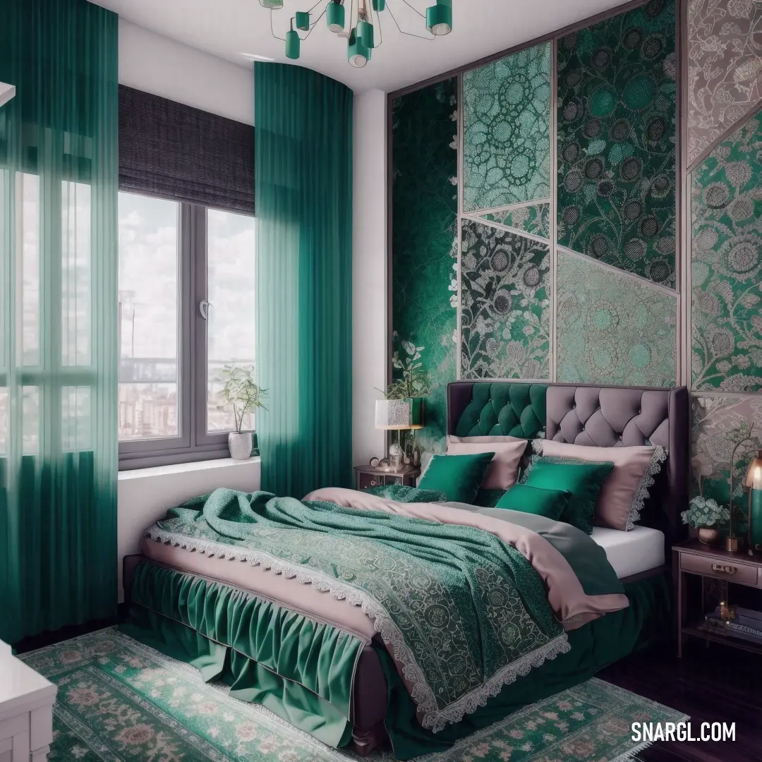 Bedroom with a green bed and a chandelier hanging from the ceiling and a green curtained window