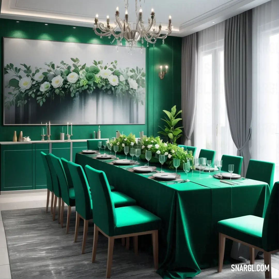 Dining room with a green table and chairs and a painting on the wall behind it with white flowers. Example of Bottle green color.